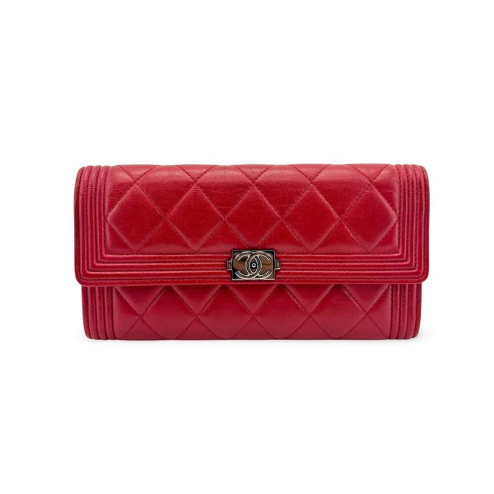 Chanel Boy Chanel Flap Long Wallet Silver Hardware Red